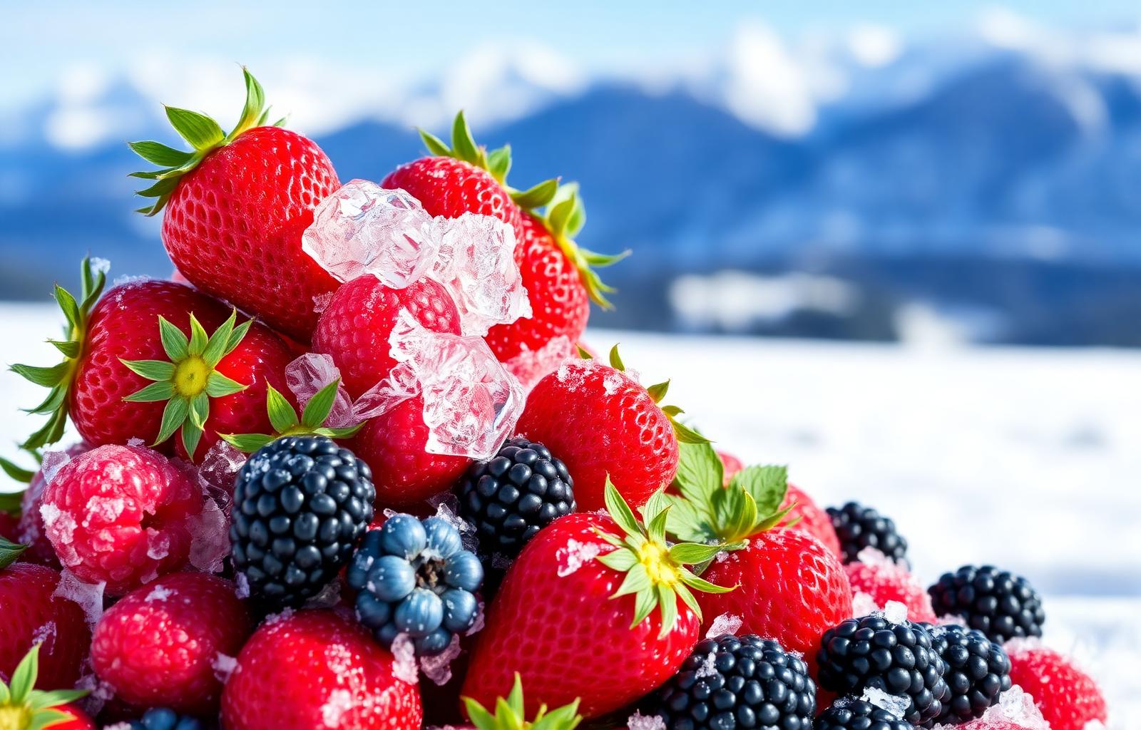 Premium IQF frozen fruits with ice crystals and mountain backdrop