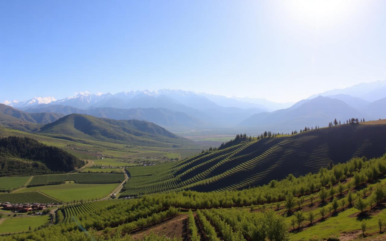 Central Asia valley with orchards and mountains